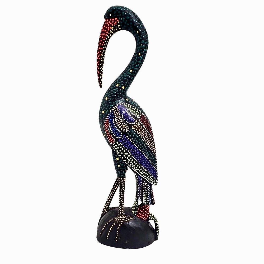 Elegant Tall Batik Heron Multicolor Handpainted Polka Dot Crane Sculpture 18" T